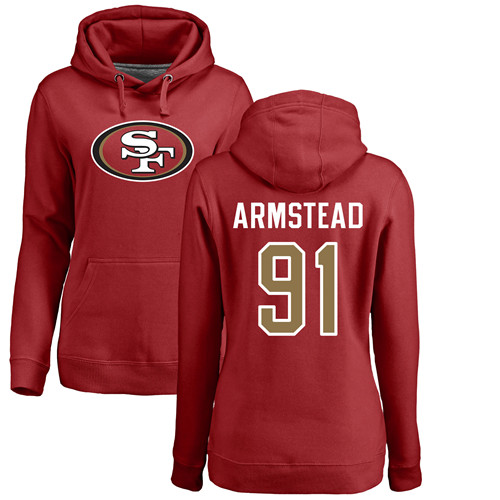San Francisco 49ers Red Women Arik Armstead Name and Number Logo 91 Pullover NFL Hoodie Sweatshirts